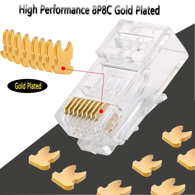 PETECHTOOL RJ45 23AWG Cat6a Cat6 Connector Gold Plated 8P8C Pass Through Ends UTP Network Plug for Unshielded Twisted Pair Solid Wire & Standard Cables | Transparent Passthrough Ethernet Connector (100Packs) - Image 4